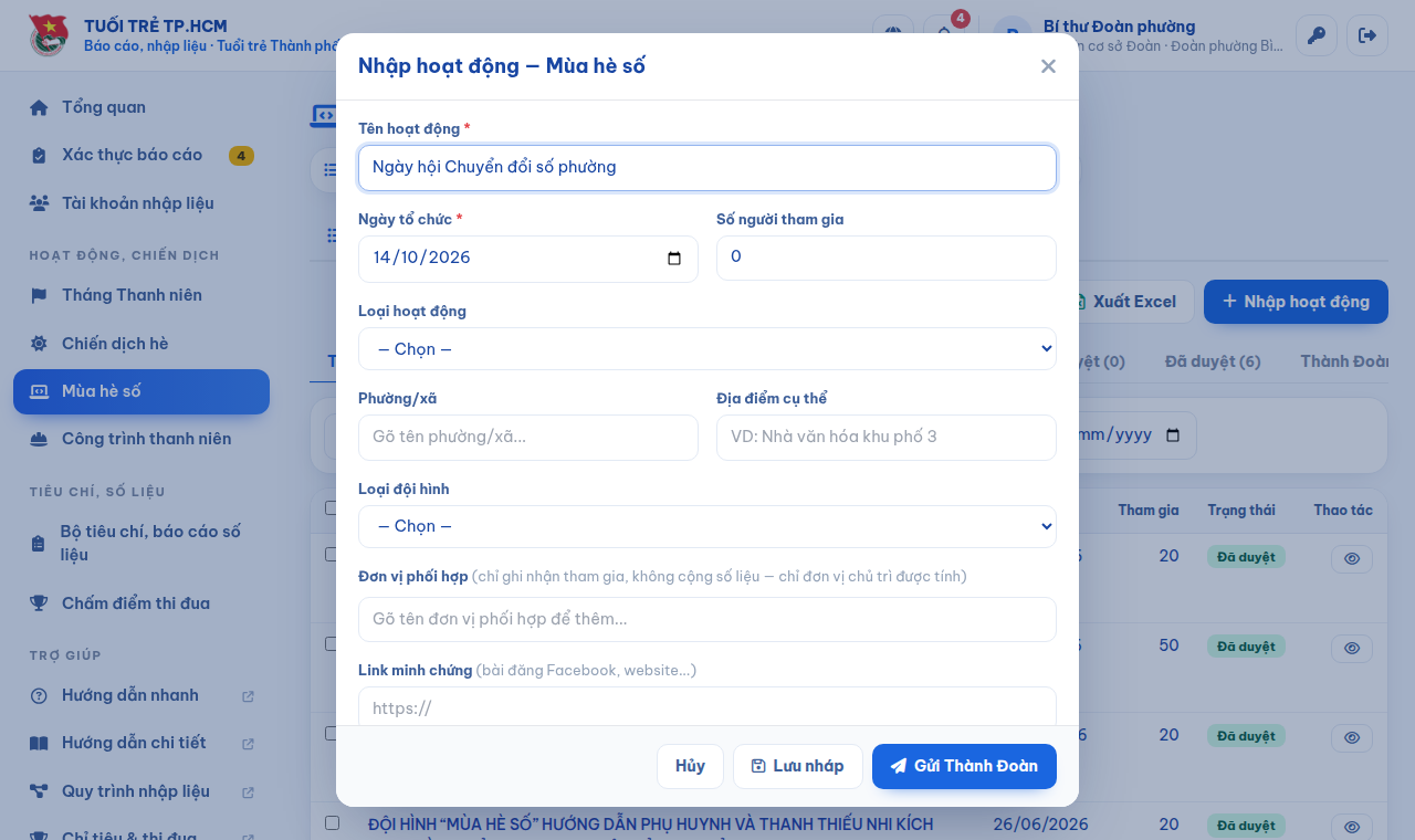 Form nhập hoạt động